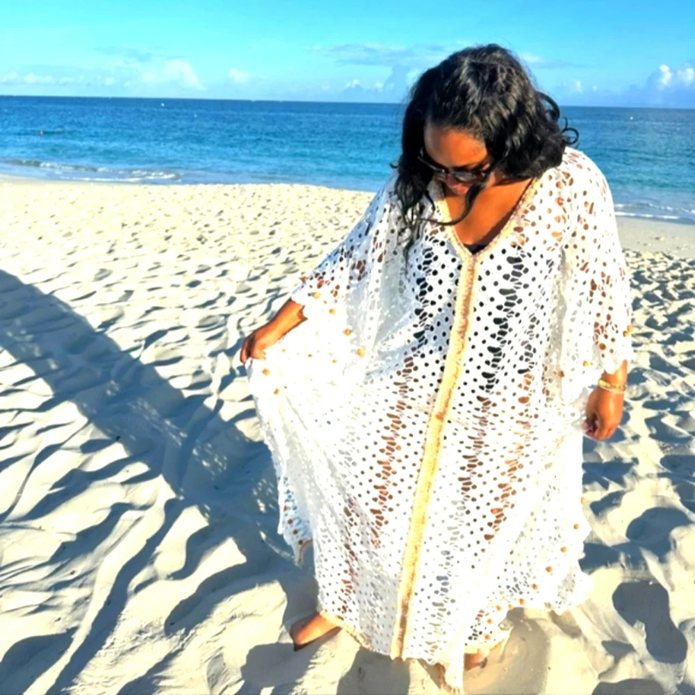 ✨️Bohemian Vibes✨️  Limited quantities! Ecru Crochet Kaftan w/ Wooden Beads - Picture 10 of 17